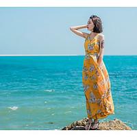 womens vacation loose dress floral strap maxi sleeveless polyester sum ...