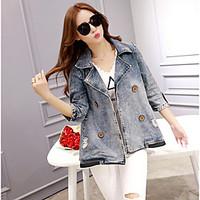 Women\'s Casual/Daily Vintage Fall Denim Jacket, Solid Round Neck Long Sleeve Regular Linen