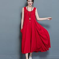 womens casualdaily simple loose swing dress solid embroidered round ne ...