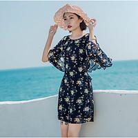 Women\'s Vacation Simple Loose Dress, Floral Round Neck Above Knee Long Sleeve Polyester Summer Mid Rise Inelastic Thin