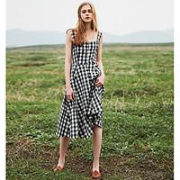 Women\'s Casual Loose Dress, Plaid/Check Strap Midi Sleeveless Cotton Summer Mid Rise Micro-elastic Thin