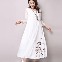 Women\'s Casual/Daily Simple Loose Dress, Solid Floral Round Neck Maxi ¾ Sleeve Silk Cotton Linen Spring Summer Mid Rise Inelastic Medium