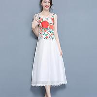 Women\'s Casual/Daily Simple A Line Loose Dress, Solid Floral Round Neck Midi Sleeveless Polyester Summer Mid Rise Inelastic Medium