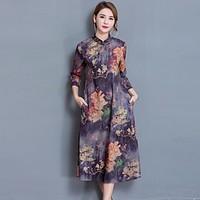 Women\'s Casual/Daily Loose Dress, Print Stand Midi ¾ Sleeve Silk Summer Mid Rise Micro-elastic Thin