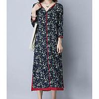 Women\'s Going out Loose Dress, Floral V Neck Midi ¾ Sleeve Cotton Spring Mid Rise Micro-elastic Thin