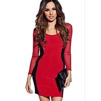 Women\'s Party Sheath Dress, Color Block Round Neck Above Knee Long Sleeve Spandex Spring High Rise Micro-elastic Thin