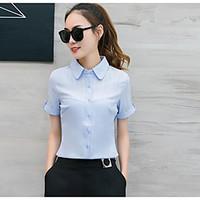 Women\'s Daily Simple Blouse, Solid Shirt Collar Short Sleeve Polyester