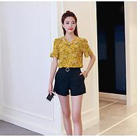 Women\'s Going out Cute Summer Shirt, Floral V Neck Short Sleeve Polyester Medium