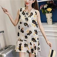Women\'s Going out Casual/Daily Simple Cute Loose Dress, Floral Crew Neck Above Knee Sleeveless Polyester Spring Summer Mid Rise Inelastic