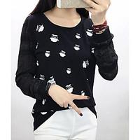 Women\'s Casual/Daily Simple Spring Summer T-shirt, Print Patchwork Round Neck Long Sleeve Cotton Thin