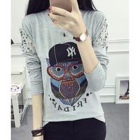 Women\'s Casual/Daily Simple Spring Summer T-shirt, Print Round Neck Long Sleeve Cotton Thin