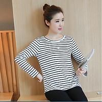 Women\'s Casual/Daily Simple Spring T-shirt, Striped Round Neck Long Sleeve Cotton