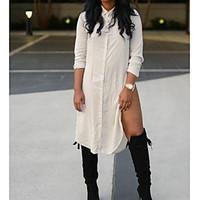 Women\'s Casual/Daily Simple Sheath Dress, Solid Shirt Collar Maxi Long Sleeve Cotton Fall Mid Rise Micro-elastic Medium