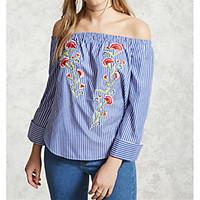Women\'s Off The Shoulder/Embroidery Going out Casual/Daily Sexy Simple Spring Fall Shirt, Solid Striped Floral Boat Neck Long Sleeve Cotton Medium