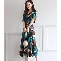 Women\'s Party Daily Swing Dress, Print V Neck Midi Short Sleeve Polyester Summer High Rise Inelastic Thin