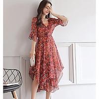 Women\'s Daily Chiffon Dress, Floral V Neck Asymmetrical ½ Length Sleeve Polyester Summer High Rise Inelastic Thin