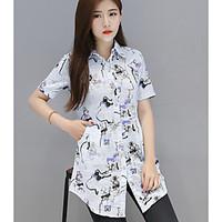 Women\'s Casual/Daily Simple Summer Shirt, Print Shirt Collar Short Sleeve Cotton