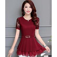 womens daily casual simple blouse solid round neck short sleeve chiffo ...