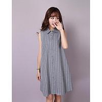 Women\'s Daily Loose Dress, Stripe Shirt Collar Knee-length Sleeveless Cotton Summer High Rise Inelastic Thin