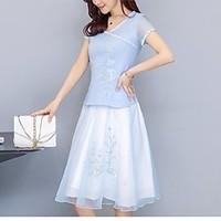 Women\'s Daily A Line Dress, Print Round Neck Mini Short Sleeve Cotton Linen Summer Mid Rise Micro-elastic Thin