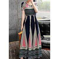 Women\'s Going out Swing Dress, Floral Round Neck Maxi Short Sleeve Cotton Spring Summer High Rise Micro-elastic Thin