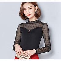 Women\'s Casual Simple Spring Summer Blouse, Solid Round Neck Long Sleeve Cotton Lace Translucent Thin