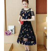 Women\'s Daily Skater Dress, Floral Round Neck Knee-length Short Sleeve Polyester Summer High Rise Inelastic Thin