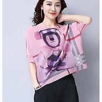 womens casual simple summer blouse print round neck short sleeve cotto ...