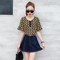 Women\'s Going out Casual/Daily Vintage Simple Spring Summer Shirt Skirt Suits, Floral Round Neck Short Sleeve Micro-elastic
