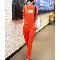 Women\'s Sport Daily Simple Sport Spring T-shirt Pant Suits, Solid Round Neck Long Sleeve Micro-elastic