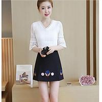 womens work street chic summer blouse skirt suits solid v neck length  ...