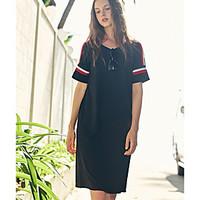 Women\'s Casual Shift Dress, Color Block Round Neck Above Knee Half-Sleeve Polyester Summer Mid Rise Micro-elastic Thin