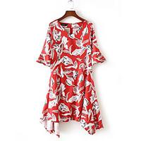 Women\'s Casual Loose Dress, Print V Neck Knee-length Short Sleeve Polyester Summer Mid Rise Inelastic Thin