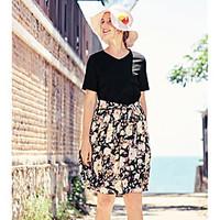 Women\'s Daily Skater Dress, Floral Round Neck Knee-length Short Sleeve Polyester Summer High Rise Inelastic Thin