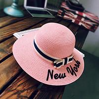 Women Sweet Straw Sun Hat Beach Wide-brimmed Hat Letters Embroidery Bowknot Casual Summer