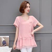 Women\'s Plus Size Casual/Daily Simple Summer Blouse, Solid Round Neck Short Sleeve Pink Brown Purple Polyester Medium