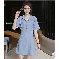 Women\'s Daily Tunic Dress, Striped Stand Knee-length Half-Sleeve Cotton Summer Mid Rise Micro-elastic Medium