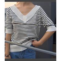 Women\'s Casual/Daily Simple Spring Summer T-shirt, Striped V Neck ½ Length Sleeve Others Thin