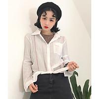 Women\'s Casual/Daily Simple Spring Summer Shirt, Striped Shirt Collar Long Sleeve Cotton Thin