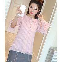 Women\'s Casual/Daily Simple Spring Summer Blouse, Striped Round Neck ½ Length Sleeve Others Thin