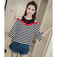 Women\'s Casual/Daily Simple Spring Summer T-shirt, Striped Patchwork Round Neck ½ Length Sleeve Cotton Thin