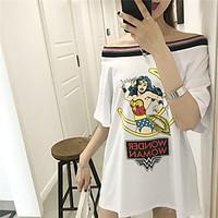 Women\'s Casual/Daily Simple Spring Summer T-shirt, Print Patchwork Boat Neck Short Sleeve Cotton Thin