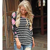 Women\'s Going out Casual/Daily Simple Spring Summer T-shirt, Striped Floral Round Neck Long Sleeve Cotton Medium