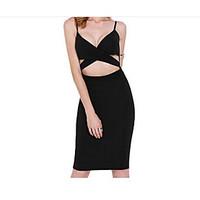 Women\'s Casual/Daily Bodycon Dress, Solid V Neck Midi Sleeveless Cotton Summer Mid Rise Micro-elastic Medium