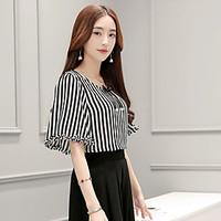 Women\'s Business Daily Sexy Cute Sophisticated Blouse, Striped Round Neck Short Sleeve Bamboo Fiber Chiffon