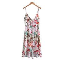 Women\'s Casual Loose Dress, Print Strap Midi Sleeveless Polyester Summer Mid Rise Inelastic Thin