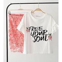 Women\'s Casual Casual/Daily Summer T-shirt Skirt Suits, Solid Quotes Sayings Round Neck Short Sleeve