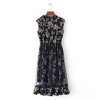 womens casual a line dress print round neck midi sleeveless polyester  ...