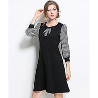 Women\'s Casual/Daily Simple Loose Dress, Solid Round Neck Knee-length ½ Length Sleeve Cotton Spring Mid Rise Inelastic Thin