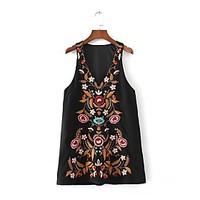 Women\'s Embroidery Going out Casual/Daily Simple Street chic Sheath Dress, Embroidered Strap Knee-length Sleeveless PU Spring Mid Rise Micro-elastic